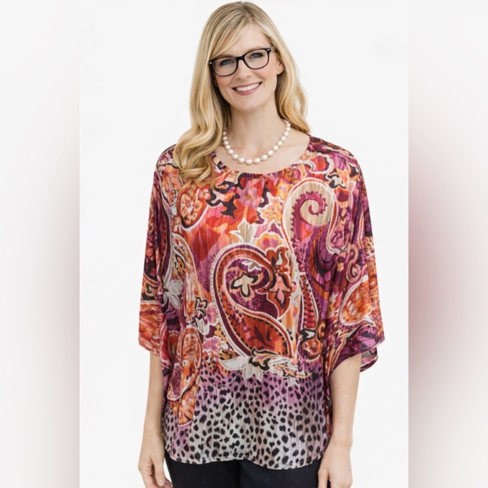 CHICOS Chianti Poncho Paisley Pink Size L/XL 40th Anniversary Leopard print